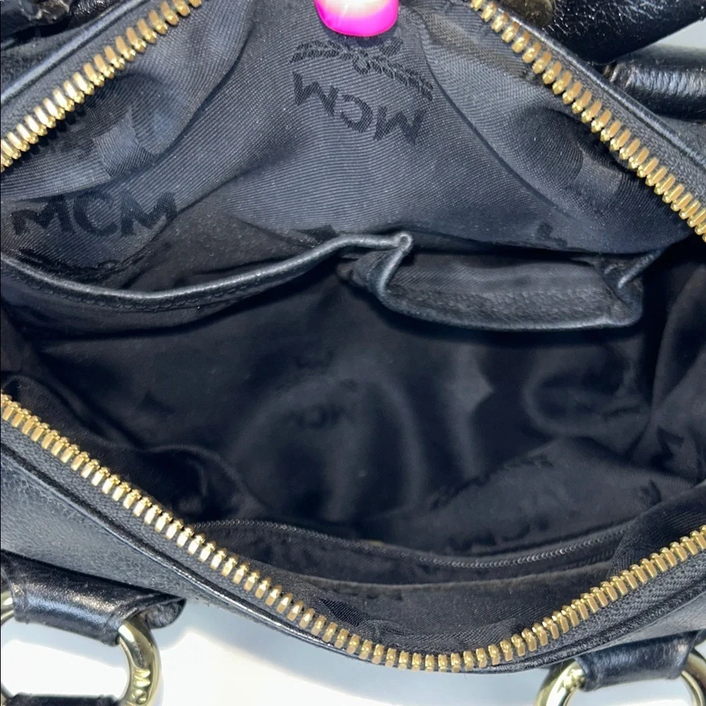 MCM Boston Mini Black Pebble Leather Bag, Matching Wallet Gold Hardware Vintage